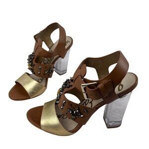 Sam Edelman Yara Womens Ankle Strap Clear Heeled Sandals Size 8 Gold Brown Studs